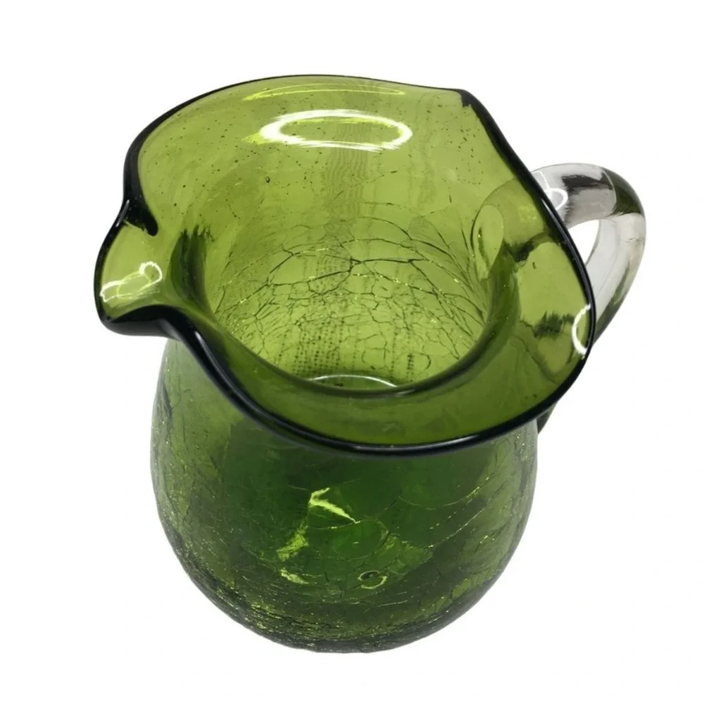 Vintage Blenko green crackle glass pitcher with clear glass handle - Picture 3 of 5